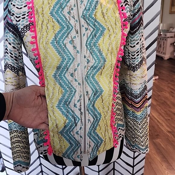 Holly Bracken Womens Blazer Jacket Sz Small Yellow Blue Chevron Print Zip Front - Picture 5 of 12